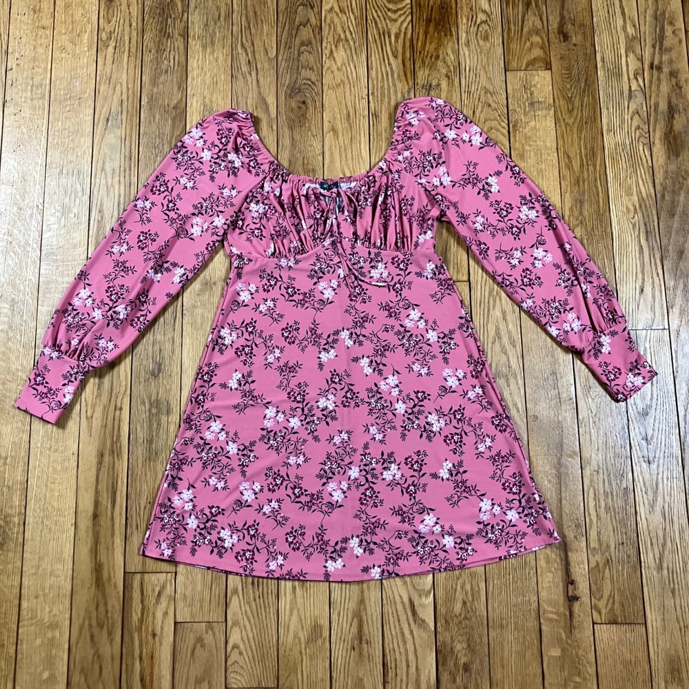 Lily Rose Pink Floral Print Square Neck Tie Front Puff Sleeve Mini Dress‎ Size S